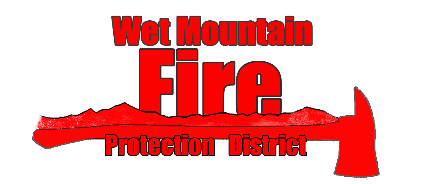 Wet Mountain Fire Protection distinct logo. The words wet mountain fire appear above a mountain range with a fire axe running diagonally across with the words protection district directly below the axe.